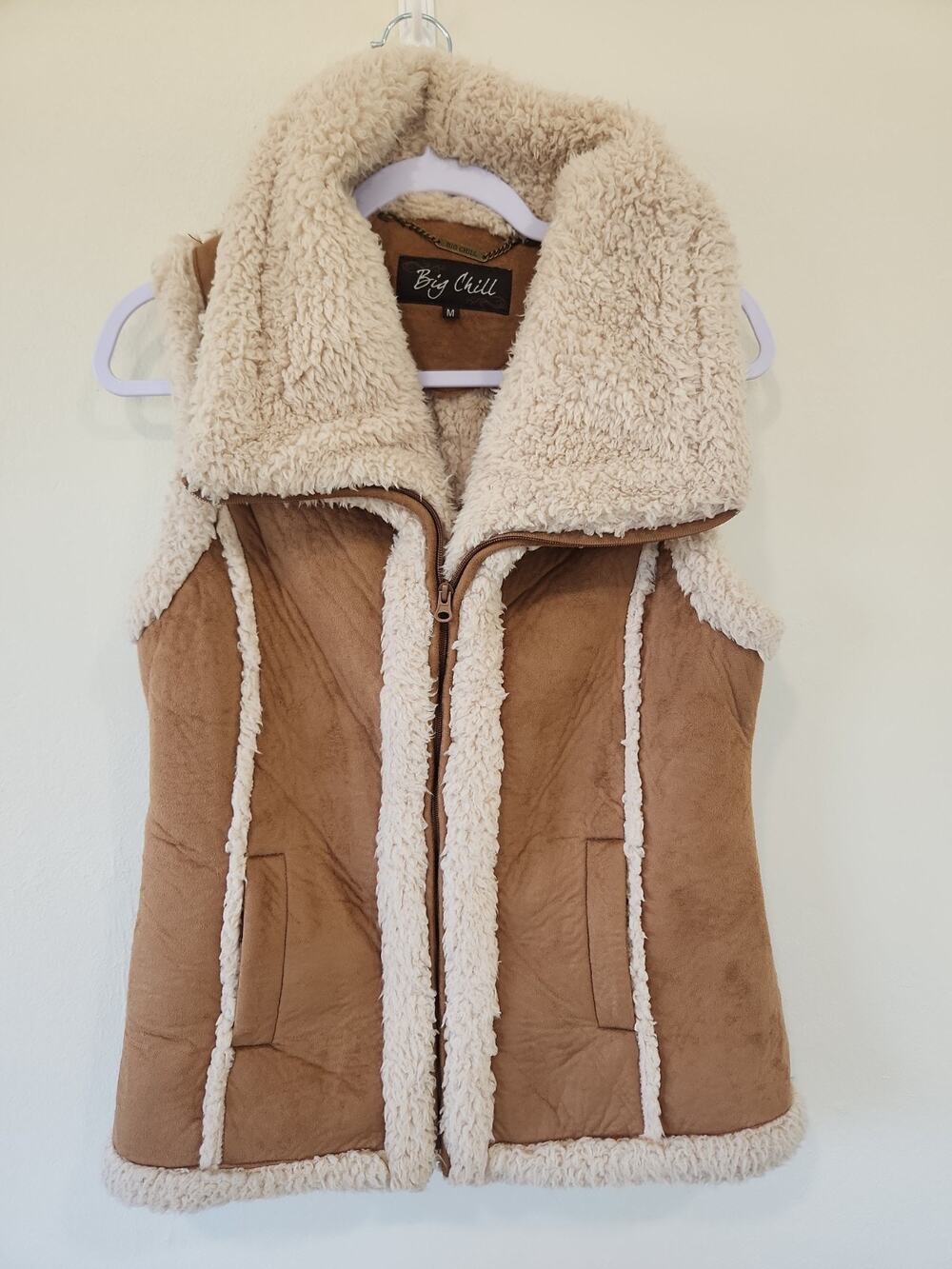 BIG CHILL Brown Sz M Faux Suede Sherpa Full Zip Vest Ranch Après Ski 70's Cabin
